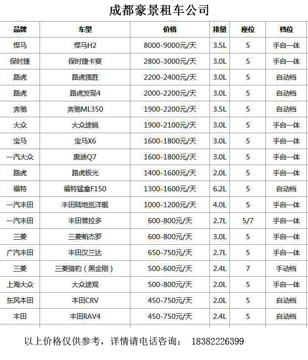 成都租越野車價格表